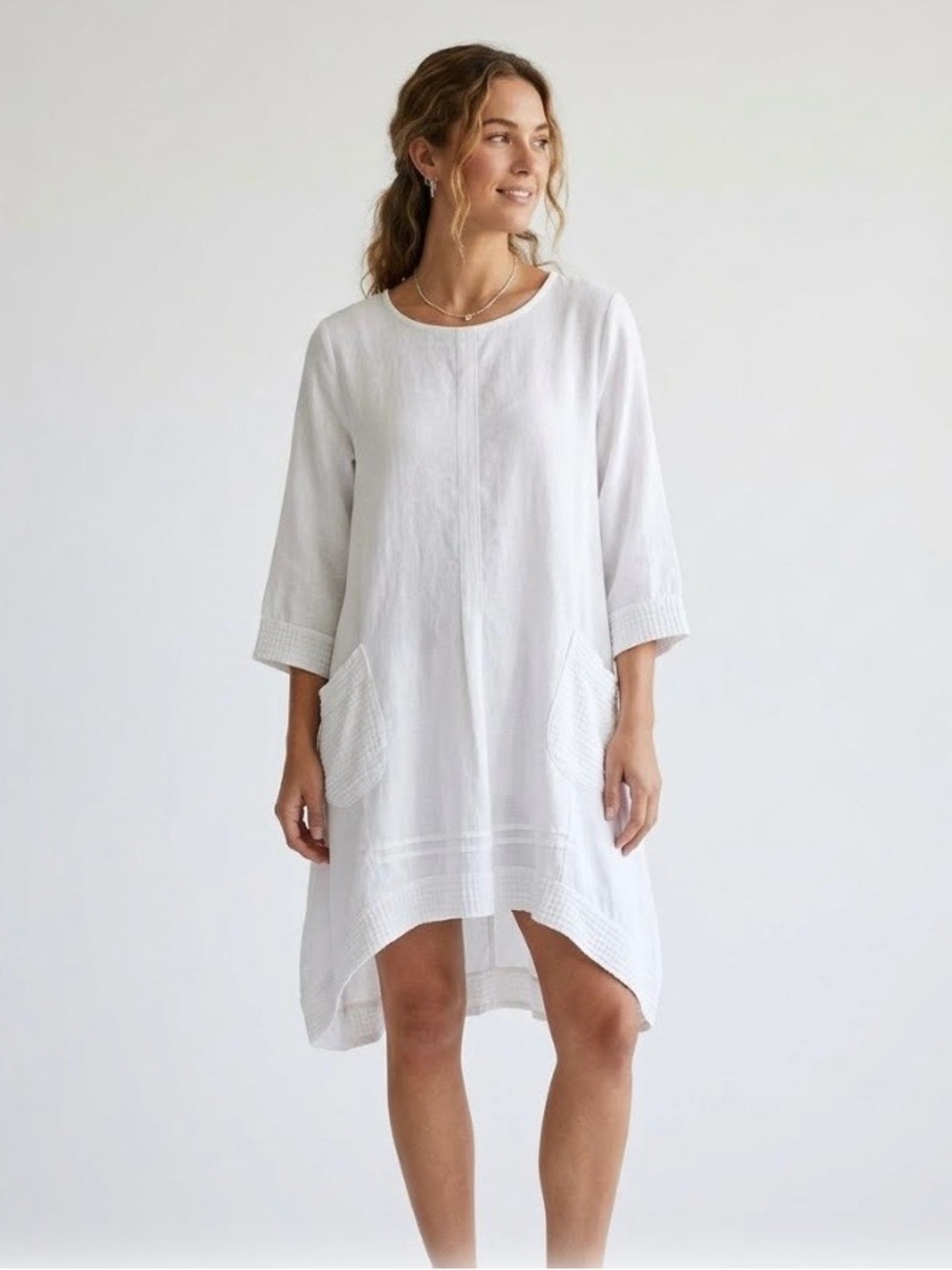 Lungo L’arno Linen Tunic Dress White 1X Lagenlook Women’s Round Patch Pockets